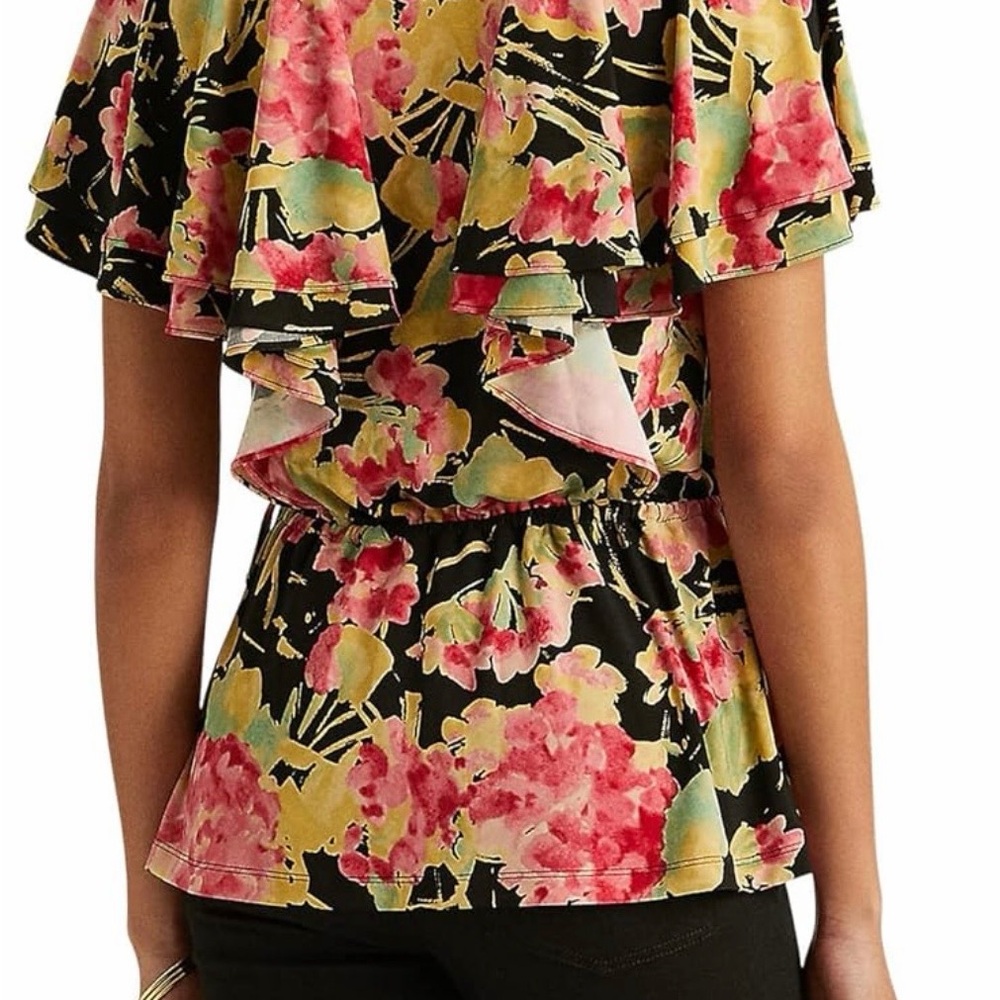 Ralph Lauren Flutter Sleeve Cross Front V Neck Top Blouse Floral NWT Large - Picture 7 of 13